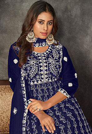 Chikankari Net Anarkali Suit in Navy Blue