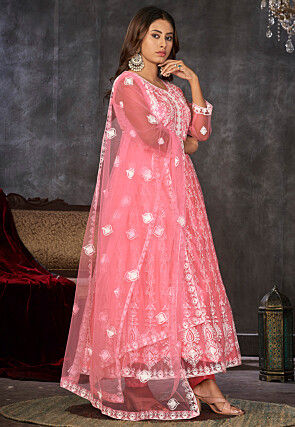 Chikankari Net Anarkali Suit in Peach