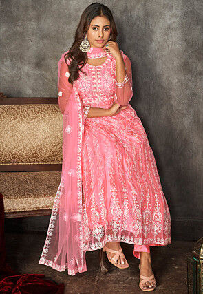 Chikankari Net Anarkali Suit in Peach