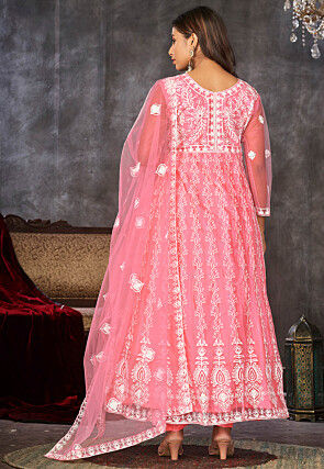 Chikankari Net Anarkali Suit in Peach