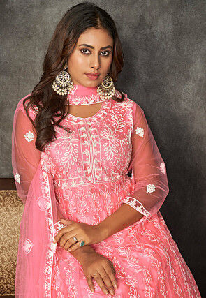 Chikankari Net Anarkali Suit in Peach