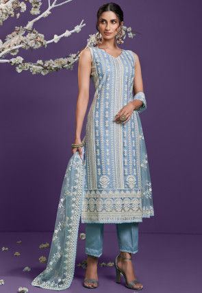 Chikankari Net Pakistani Suit in Light Blue