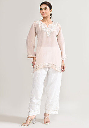 Chikankari Organza Short Straight Kurta Set in Peach