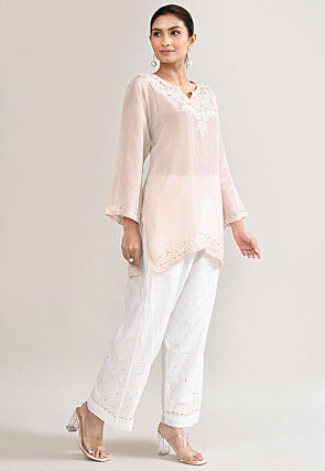Chikankari Organza Short Straight Kurta Set in Peach