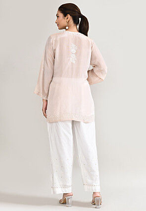 Chikankari Organza Short Straight Kurta Set in Peach