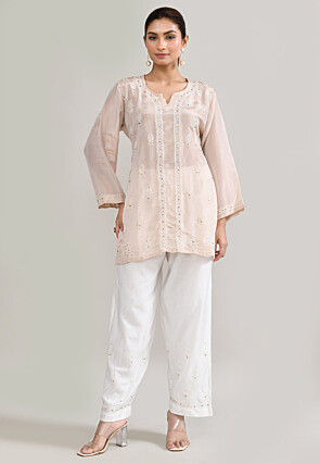 Chikankari Organza Straight Kurta Set in Peach