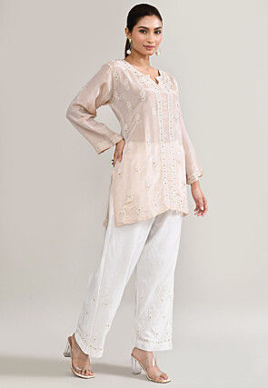 Chikankari Organza Straight Kurta Set in Peach