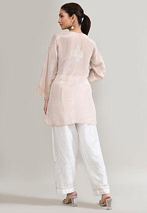 Chikankari Organza Straight Kurta Set in Peach