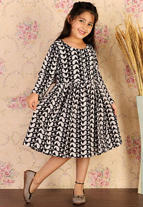 Girls Below Knee Floral Design Light and Soft Cotton Frock Black   Amazonin Clothing  Accessories