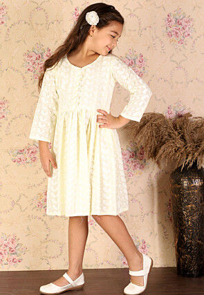 Chikankari Pure Cotton A Line Dress in Light Yellow
