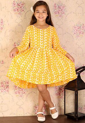 Chikankari Pure Cotton A Line Dress in Mustard