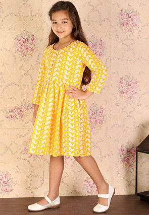 Chikankari Pure Cotton A Line Dress in Mustard