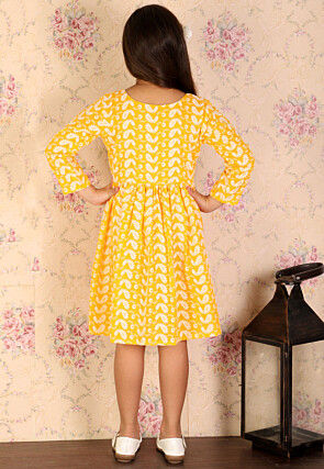 Chikankari Pure Cotton A Line Dress in Mustard