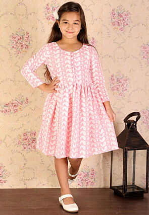 Chikankari Pure Cotton A Line Dress in Peach