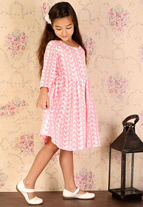 Chikankari Pure Cotton A Line Dress in Peach