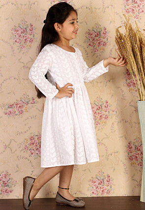 Chikankari Pure Cotton A Line Dress in White