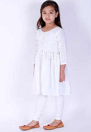 Chikankari Pure Cotton A Line Kurta Set in White