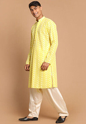 Chikankari Pure Cotton Dhoti Kurta in Yellow