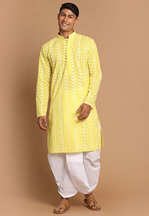 Chikankari Pure Cotton Dhoti Kurta in Yellow