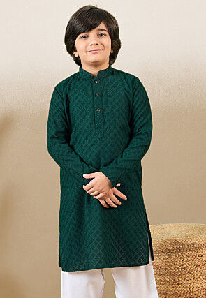 Chikankari Pure Cotton Kurta in Dark Green