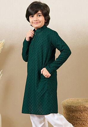 Chikankari Pure Cotton Kurta in Dark Green
