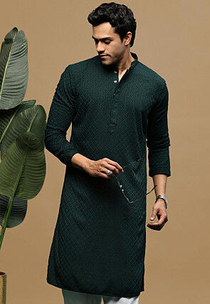 Chikankari Pure Cotton Kurta in Dark Teal Green