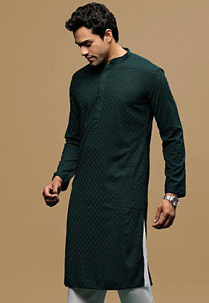 Chikankari Pure Cotton Kurta in Dark Teal Green