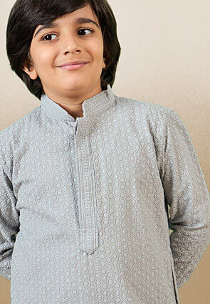 Chikankari Pure Cotton Kurta Set in Light Grey
