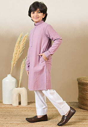 Chikankari Pure Cotton Kurta Set in Light Purple