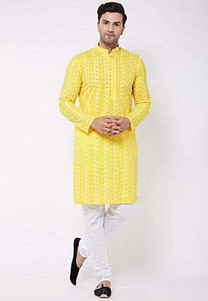 Chikankari Pure Cotton Kurta Set in Yellow