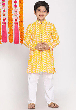 Chikankari Pure Cotton Sherwani Set in Mustard