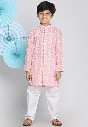 Chikankari Pure Cotton Sherwani Set in Peach