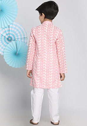 Chikankari Pure Cotton Sherwani Set in Peach