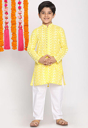 Chikankari Pure Cotton Sherwani Set in Yellow