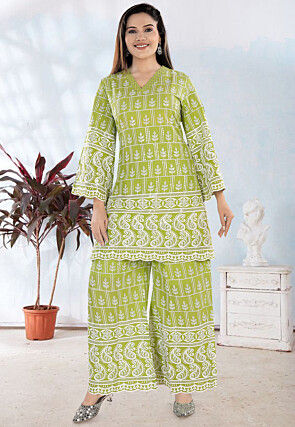 Chikankari Pure Cotton Straight Kurta Set in Light Green