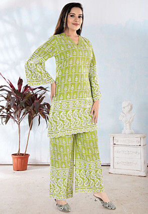 Chikankari Pure Cotton Straight Kurta Set in Light Green
