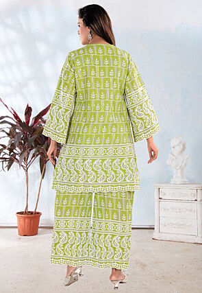 Chikankari Pure Cotton Straight Kurta Set in Light Green