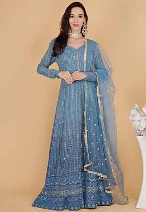 Chikankari Pure Georgette Abaya Style Suit in Blue