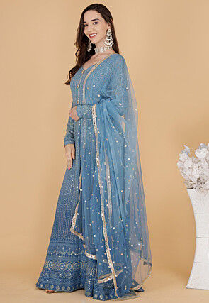 Chikankari Pure Georgette Abaya Style Suit in Blue