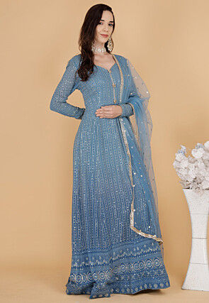 Chikankari Pure Georgette Abaya Style Suit in Blue