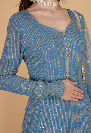 Chikankari Pure Georgette Abaya Style Suit in Blue