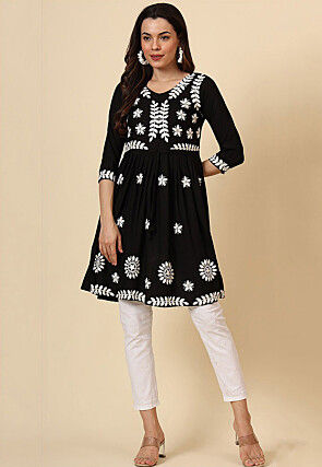 Chikankari Rayon A Line Kurti in Black