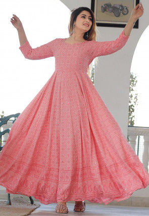 Chikankari Rayon Anarkali Suit in Light Pink