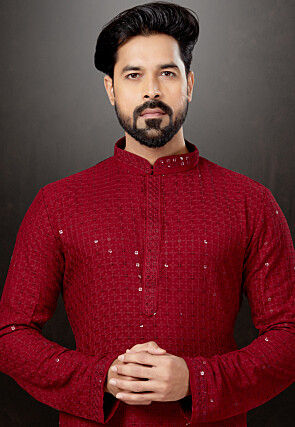 Chikankari Rayon Dhoti Kurta in Red