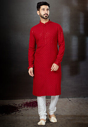 Chikankari Rayon Kurta in Red