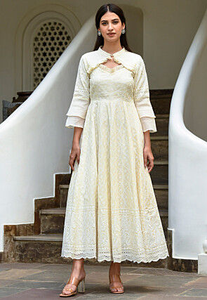 Chikankari Rayon Maxi Dress in Off White