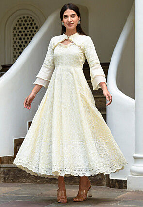 Chikankari Rayon Maxi Dress in Off White