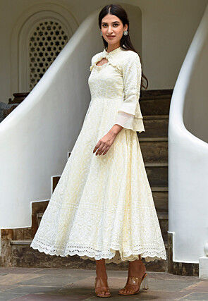 Chikankari Rayon Maxi Dress in Off White