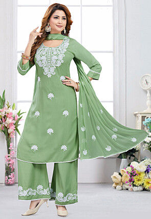 Chikankari Rayon Pakistani Suit in Green