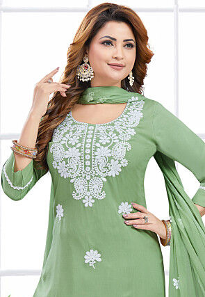 Chikankari Rayon Pakistani Suit in Green